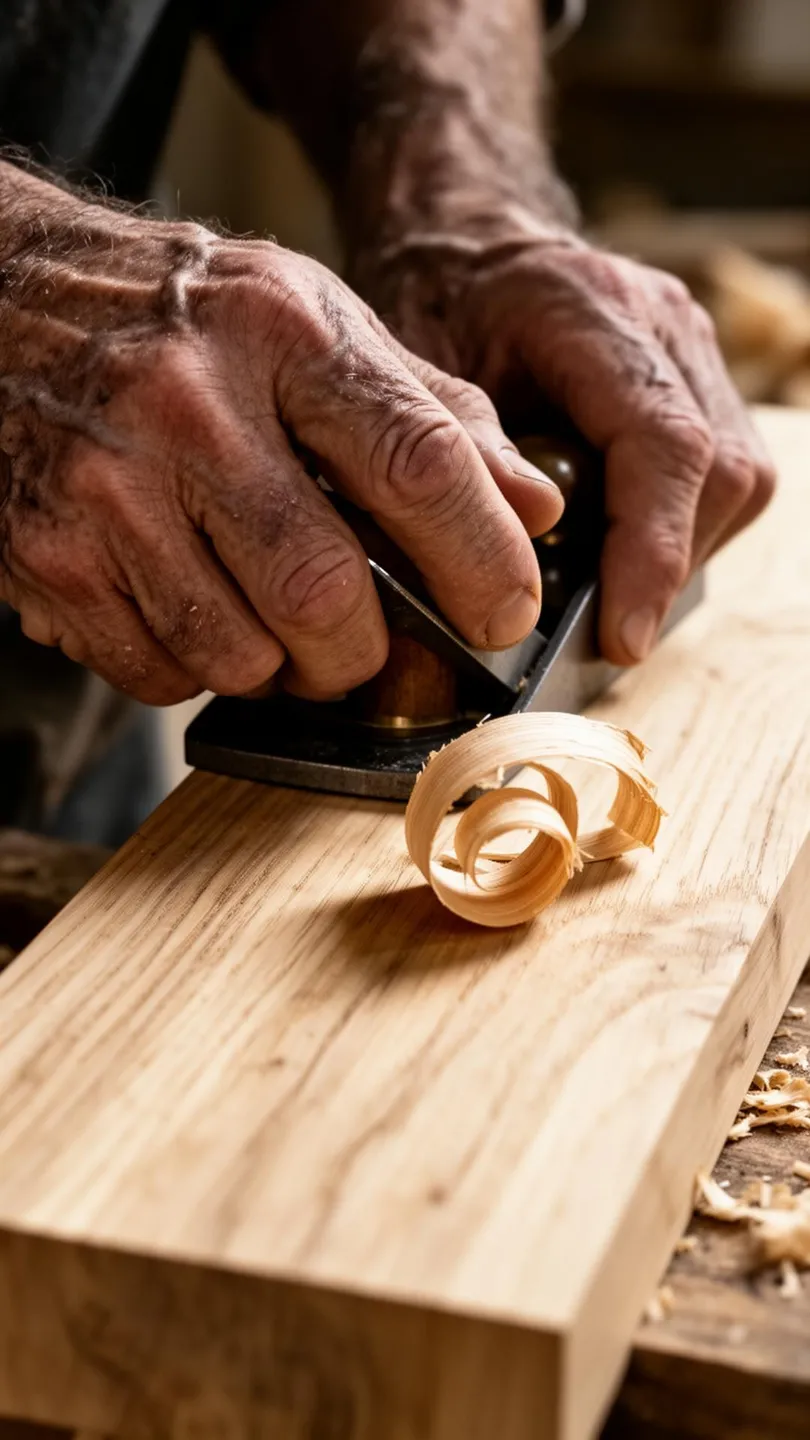 Close-up of a craftsman's hands planing a piece of pale oak